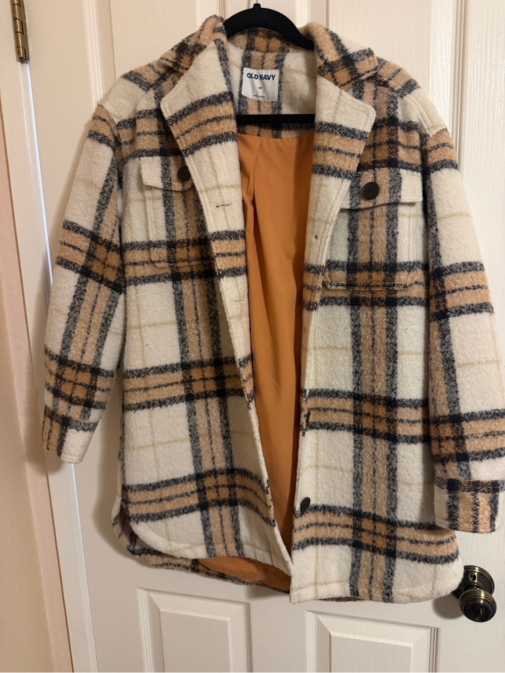 Old Navy Plaid Pea Coat in Cream and Tan with Black Accents